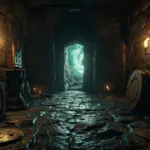 Underground chamber from ac valhalla tombs of the fallen with a sealed gold gate, pressure plates, a pedestal, and a flanged orb